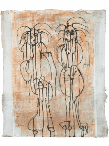Dipinto su fondo arancio e bianco con due figure femminili nude, filiformi e colanti, dai volti scheletrici e capelli radi che si aprono a raggiera, in piedi una accanto all’altra.