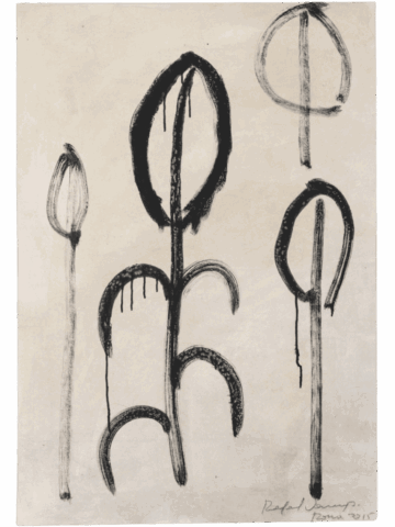 Disegno in bianco e nero su carta chiara con quattro forme verticali stilizzate simili a steli o totem, composte da ovali aperti in cima e archi alla base, tracciati con segno spesso e colante.