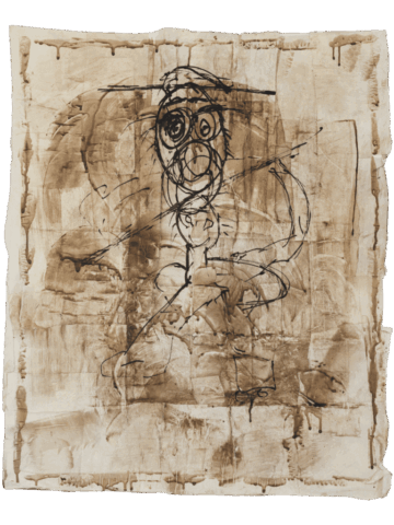 Dipinto monocromo bruno su carta spiegazzata, con una figura umanoide appena abbozzata al centro, dal volto rotondo sovraccarico di cerchi e linee nere, immersa in uno sfondo colante e macchiato.