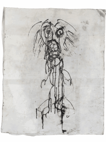 Disegno in nero su fondo bianco sporco che raffigura una figura umanoide allungata e frammentata, con grande testa dagli occhi spalancati e corpo verticale attraversato da colature, terminante in larghe forme curve come gambe o ruote.