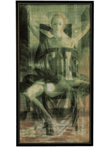 Quadro rettangolare verticale su fondo verdastro in cui l’immagine di una Madonna seduta, con le braccia aperte e il volto frontale, si sovrappone a un corpo femminile nudo a gambe divaricate, creando una figura unica, sfocata e fantasmata.