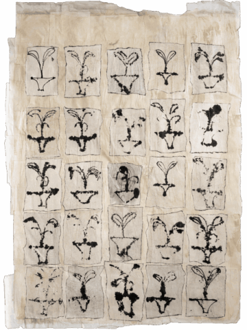 Grande foglio chiaro coperto da una griglia irregolare di piccoli rettangoli disegnati a inchiostro nero, ognuno con una figura simile a un vaso da cui spuntano tre getti o foglie, come piante o vulve stilizzate ripetute in serie.