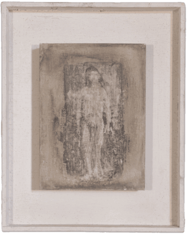 Piccola tavola monocroma su fondo bianco, con al centro un riquadro grigiastro in cui si intravede, molto consumata e sfocata, la figura frontale di un corpo nudo in piedi, quasi cancellato.