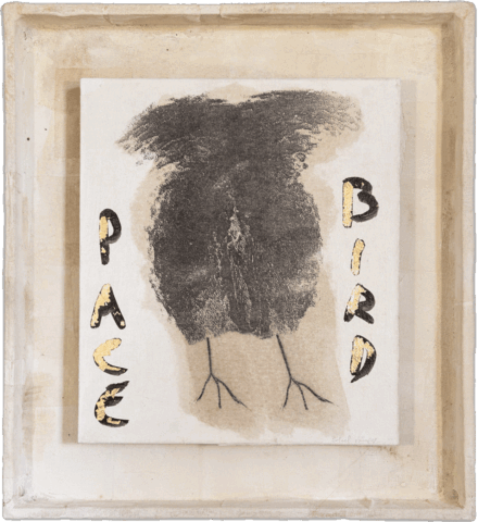 Quadro con cornice chiara invecchiata, al centro un rettangolo bianco su cui è raffigurata in nero una massa pelosa compatta con due sottili zampe d’uccello, affiancata dalle scritte “PACE” a sinistra e “BIRD” a destra in lettere nere con inserti dorati.