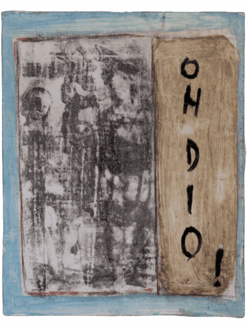 Quadro diviso in due parti: a sinistra un’immagine sbiadita in bianco e nero con figure umane appena leggibili, a destra una fascia ocra con la scritta verticale “OH DIO!” in nero, il tutto bordato da un margine azzurro.
