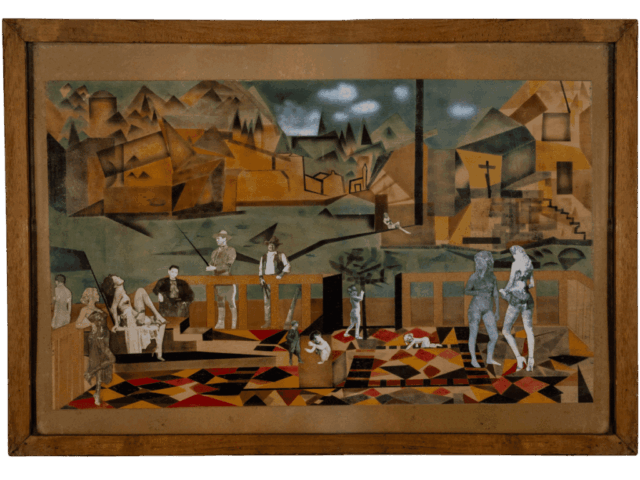 Collage figurativo con numerosi personaggi in abiti d’epoche diverse su una terrazza dal pavimento geometrico colorato, davanti a un paesaggio montano e urbano scomposto, all’interno di una cornice in legno.
