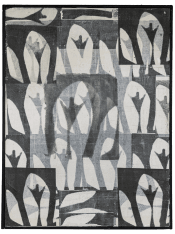 Composizione in bianco e nero di moduli ripetuti che mostrano forme a mandorla aperta con un elemento scuro centrale, simili a fiori stilizzati o vulve, disposti a griglia all’interno di una cornice nera.