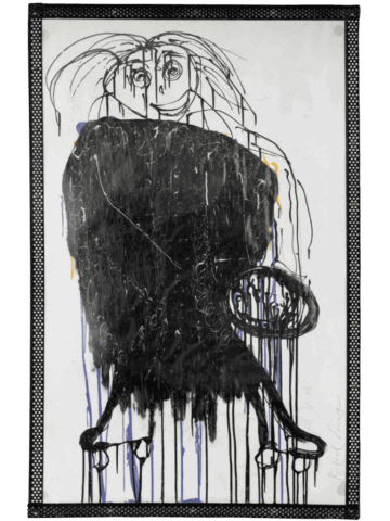 Figura femminile stilizzata con grande massa nera che avvolge il corpo, capelli lunghi scompigliati e volto sorridente, tracciata in nero su fondo bianco con colature di colore.