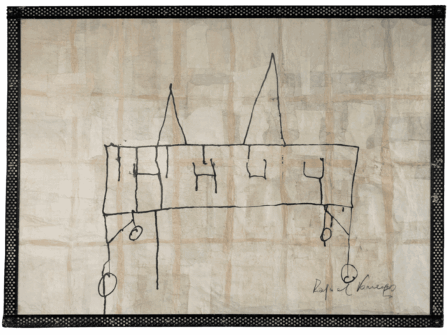 Disegno lineare nero su fondo chiaro che raffigura una struttura rettangolare con due guglie appuntite e quattro aperture quadrate, sorretta da sottili pali terminanti in piccoli cerchi, incorniciato da una cornice metallica traforata.