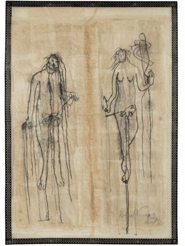 Disegno su carta chiara con due figure femminili nude e filiformi, una a sinistra dal corpo colante e l’altra a destra che regge un serpente avvolto a un bastone, entrambe incorniciate da una cornice metallica traforata.