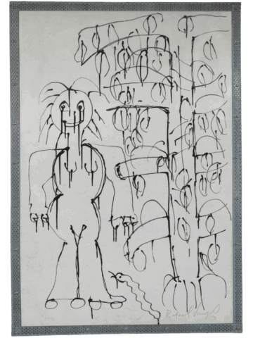 Disegno lineare nero su fondo chiaro con una figura umanoide nuda dal volto sorridente e capelli a raggiera, accanto a una struttura verticale carica di piccole forme ovali pendenti e un serpente stilizzato in basso.
