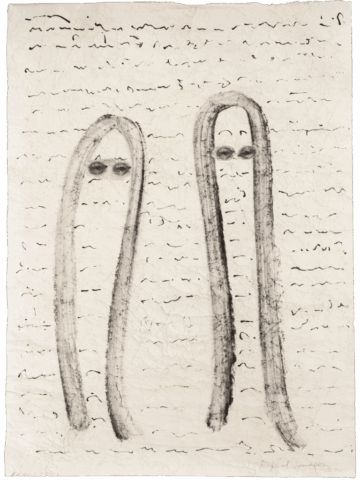 Disegno su carta chiara con due lunghe forme verticali nere a U rovesciata, simili a figure velate; quella di destra ha due occhi marcati, mentre lo sfondo è coperto da piccole linee curve che ricordano una scrittura illeggibile.