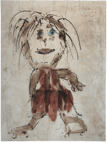 Figura infantile stilizzata su fondo beige, con grandi occhi azzurri, capelli scompigliati marroni e un vestito rosso a frange, ritratta frontalmente mentre avanza con un braccio teso in avanti.