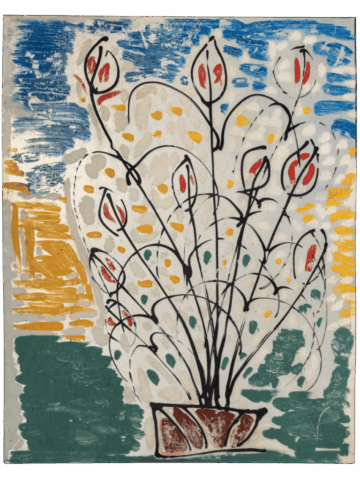 Dipinto colorato con un grande vaso marrone da cui si alza un bouquet esplosivo di steli neri arcuati, terminanti in forme ovoidali bianche con interni rossi, su fondo a campiture blu, gialle e verdi.