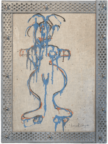 Figura femminile stilizzata tracciata con pittura blu colante e accenti arancioni su tessuto grezzo, con seno e sesso evidenziati, incorniciata da una cornice metallica grigia forata.