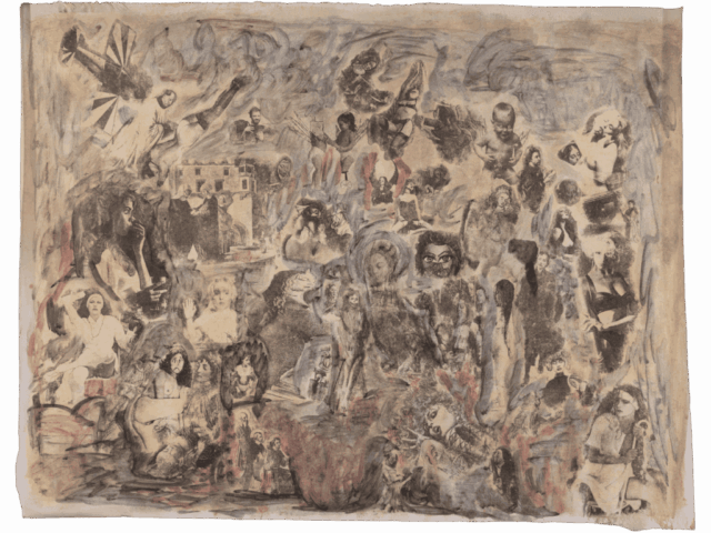 Grande collage orizzontale in toni seppia con decine di immagini sovrapposte, che mescolano figure femminili sensuali, scene sacre e frammenti narrativi, avvolti da velature pittoriche blu e rosse.