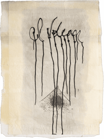 Disegno su carta chiara con la scritta “el volcán” in alto, le cui lettere colano verso il basso trasformandosi in lunghe linee nere verticali che finiscono in un piccolo cono puntinato simile a un vulcano che erutta cenere o peli pubici.