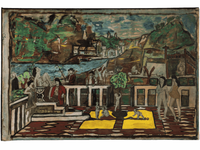 Scena colorata su terrazza affacciata su paesaggio collinare, con figure eleganti e nude in posa, bambini che giocano su tappeti gialli e sullo sfondo case, fiume e colline verdi.