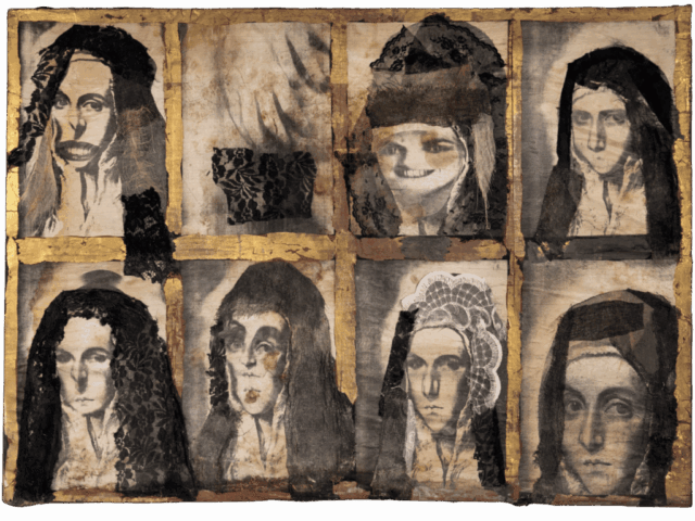 Collage in nove riquadri con figure femminili velate da mantiglie nere e tessuti di pizzo, disposte come un’iconostasi su fondo dorato consumato.