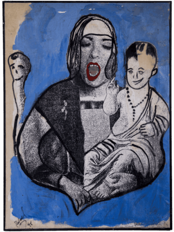 Dipinto su fondo blu con figura femminile seduta che ricorda una Madonna, bocca spalancata e rossa in espressione erotica, con un bambino in grembo dal volto sorridente e una forma fallica stilizzata sulla sinistra.