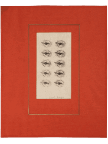 Immagine incorniciata su cartoncino rosso, al centro della quale un piccolo rettangolo bianco mostra una griglia ordinata di dieci minuscole vulve stilizzate disegnate a inchiostro nero.