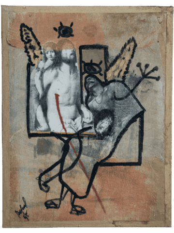 Collage su tela grezza con figure nude in bianco e nero, ali dorate, occhi neri stilizzati e un corpo mostruoso con gambe esili e falliche che sorregge la scena, attraversata da una colata rossa verticale.
