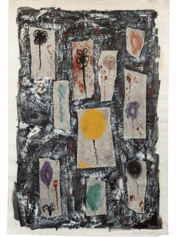 Collage su grande foglio con cornice nera e bianca piena di segni rossi, che racchiude rettangoli di carta ognuno con una “pallina” colorata o nera su sottile stelo, come palloncini o falli stilizzati.