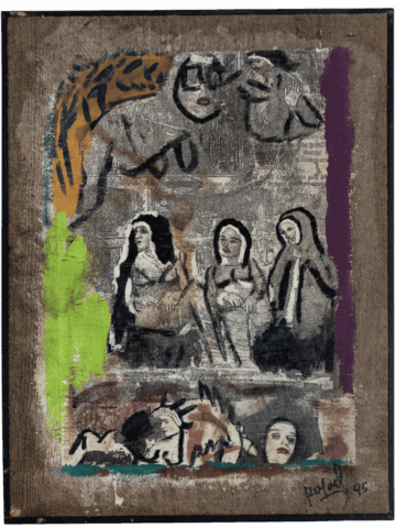 Collage figurativo su fondo marrone con suore e figure femminili: in alto un corpo nudo frammentato, al centro tre donne velate in posa sacra e in basso donne distese e sensuali, incorniciate da campiture verdi, arancioni e viola.