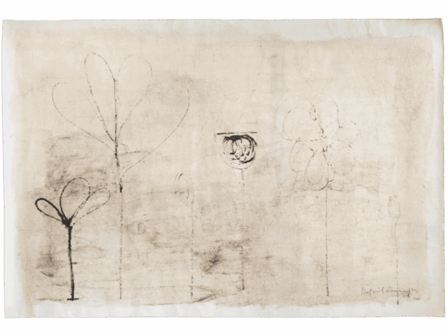 Disegno essenziale su fondo chiaro con una fila di fiori stilizzati neri: a sinistra un fiore a tre petali cuoriformi, al centro un calice circolare fitto di linee, a destra un fiore a sei petali, tutti su steli sottili.