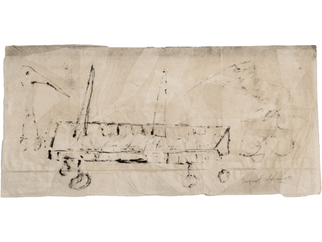 Disegno minimale in nero su carta chiara stropicciata con una piattaforma su ruote, figure accennate e elementi verticali.