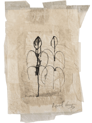 Disegno astratto in nero su carta stratificata color avorio, con due forme slanciate che ricordano steli o figure stilizzate.