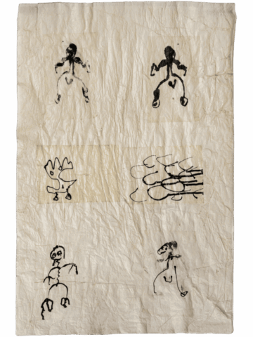 Opera di Rafael Vanegas su grande foglio di carta chiara e stropicciata, con sei piccole vignette disegnate in nero: quattro figure umane nude e stilizzate con evidenti genitali maschili e seni, e una fascia centrale con una creatura ibrida e un groviglio di forme falliche sovrapposte.