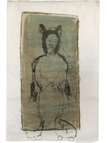 Disegno di figura femminile frontale, dal volto dolce e occhi chiusi, avvolta in una tunica informe su fondo azzurro-beige, con due orecchie o corna scure sulla testa e un piccolo fallo stilizzato ai piedi.