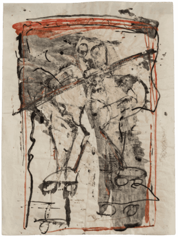 Disegno espressionista in bianco, nero e rosso con figura antropomorfa centrale dal tratto rapido e graffiato, circondata da una cornice irregolare rossa.