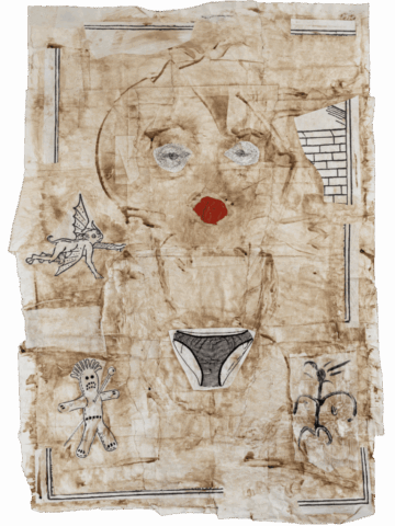 Collage su carta ingiallita con grande volto stilizzato al centro, occhi bianchi e naso rosso, circondato da ritagli disegnati: un angelo mostruoso, una bambolina voodoo, una mutandina e un piccolo fiore nero.