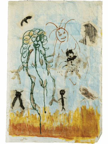 Disegno su carta con sfondo azzurro e fascia inferiore giallo‑arancio, in cui compaiono una figura femminile verde col corpo che cola verso il basso, una figura rossa stilizzata e piccoli personaggi neri dal tratto infantile.