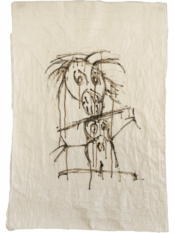 Disegno espressionista su carta chiara, con due figure stilizzate sovrapposte, corpi allungati, occhi grandi e linee scure colanti che suggeriscono tensione erotica e dissacrazione.