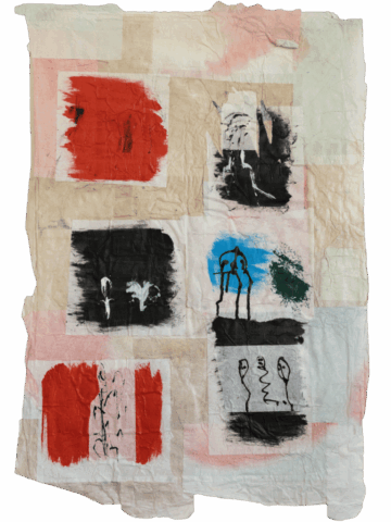 Telo spiegazzato con sei riquadri dipinti in rosso, nero, bianco e azzurro, che contengono figure astratte e segni stilizzati di corpi e organi sessuali.