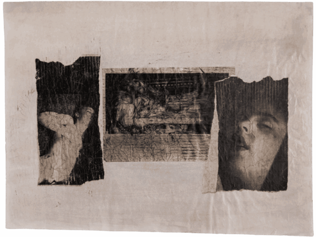 Collage fotografico in bianco e nero su carta chiara, con tre frammenti rettangolari che mostrano corpi e volti in pose ambigue, come in una scena erotica consumata e poi lacerata.