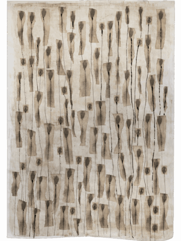 Grande foglio chiaro coperto da una griglia irregolare di rettangoli verticali beige, ciascuno attraversato da un sottile stelo nero che termina in una piccola forma scura, simile a una vulva o a un bocciolo.