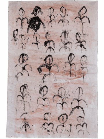 Grande foglio con fondo rosato, coperto da file ordinate di figure nere stilizzate, ognuna composta da un ovale e due archi aperti che ricordano contemporaneamente corpi femminili e simboli fallici; in alto una figura più densa domina il gruppo.