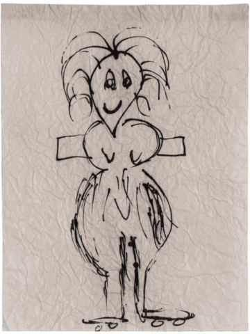 Disegno infantile in bianco e nero su carta spiegazzata, raffigurante una figura femminile stilizzata con capelli spettinati, grandi seni e corpo a forma di pera, tracciata con linee nere veloci.
