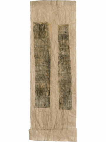 Stretto foglio verticale color avorio, molto spiegazzato, con due rettangoli affiancati leggermente scuri e rigati in verticale, simili a due colonne o torri consumate.