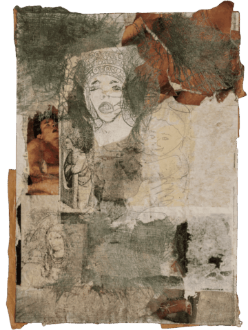 Collage complesso su carta spiegazzata, con fotografie e disegni di volti femminili, Madonne e corpi erotici sovrapposti a lembi di garza verde e carte brune lacerate.