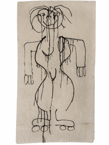 Grande foglio verticale chiaro con il disegno nero di una figura umana nuda, dal volto sorridente e capelli scompigliati, corpo sinuoso e sproporzionato, piedi segnati da cerchi, con colature d’inchiostro che scendono lungo il corpo.