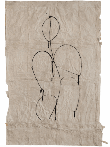 Disegno minimale a inchiostro nero su carta chiara spiegazzata, con quattro grandi ovali allungati collegati da linee sottili verticali, che suggeriscono una figura nuda astratta fatta di seni, glutei e testa.