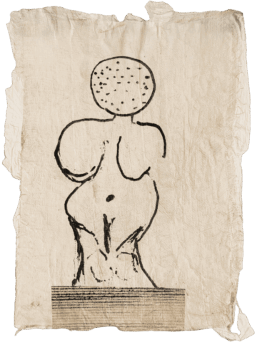 Disegno in bianco e nero su carta spiegazzata raffigurante una figura femminile nuda stilizzata, senza braccia né dettagli del volto, con corpo sinuoso e testa rotonda punteggiata, poggiata su una base orizzontale.