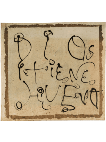 Opera su carta con bordo bruno irregolare e fondo chiaro, in cui una frase in italiano è tracciata con segni calligrafici neri ampi e sinuosi, dal carattere quasi infantile, che riempiono lo spazio centrale in modo libero e gestuale.