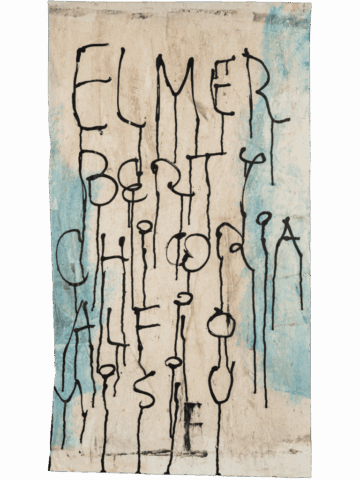 Dipinto verticale su carta con fondo beige e velature azzurre, attraversato da grandi lettere nere colanti che compongono parole scomposte, creando un effetto grafico tra scrittura e gesto pittorico.