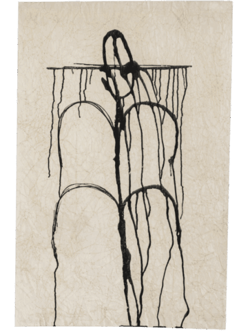 Dipinto astratto su fondo beige screpolato con colature di vernice nera che disegnano archi ripetuti e una forma verticale centrale più spessa, simile a un fallo stilizzato che domina la composizione.